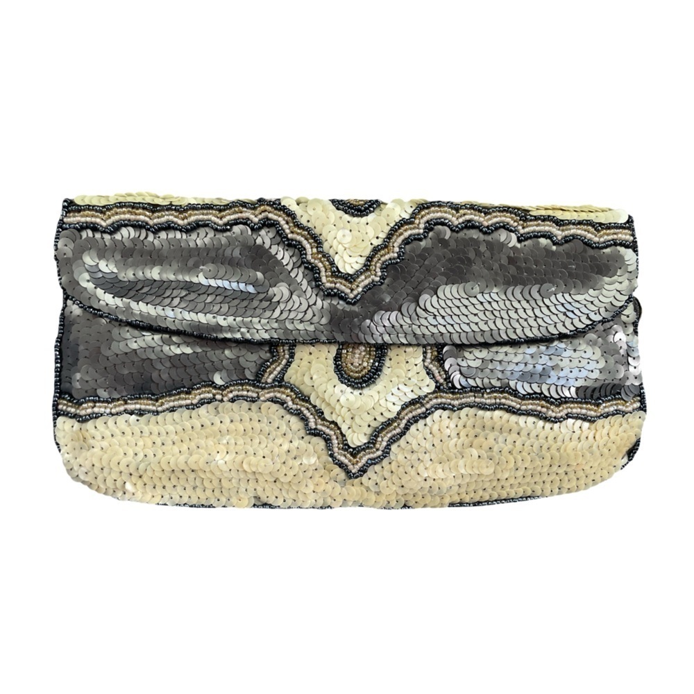 Ecote Ivory and Gray Beaded and Sequin Clutch Wristlet